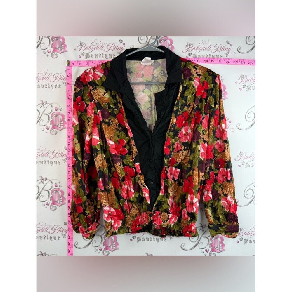 TanJay blouse vintage shoulder pads Floral Blouson Jacket Red Green, Black Brown